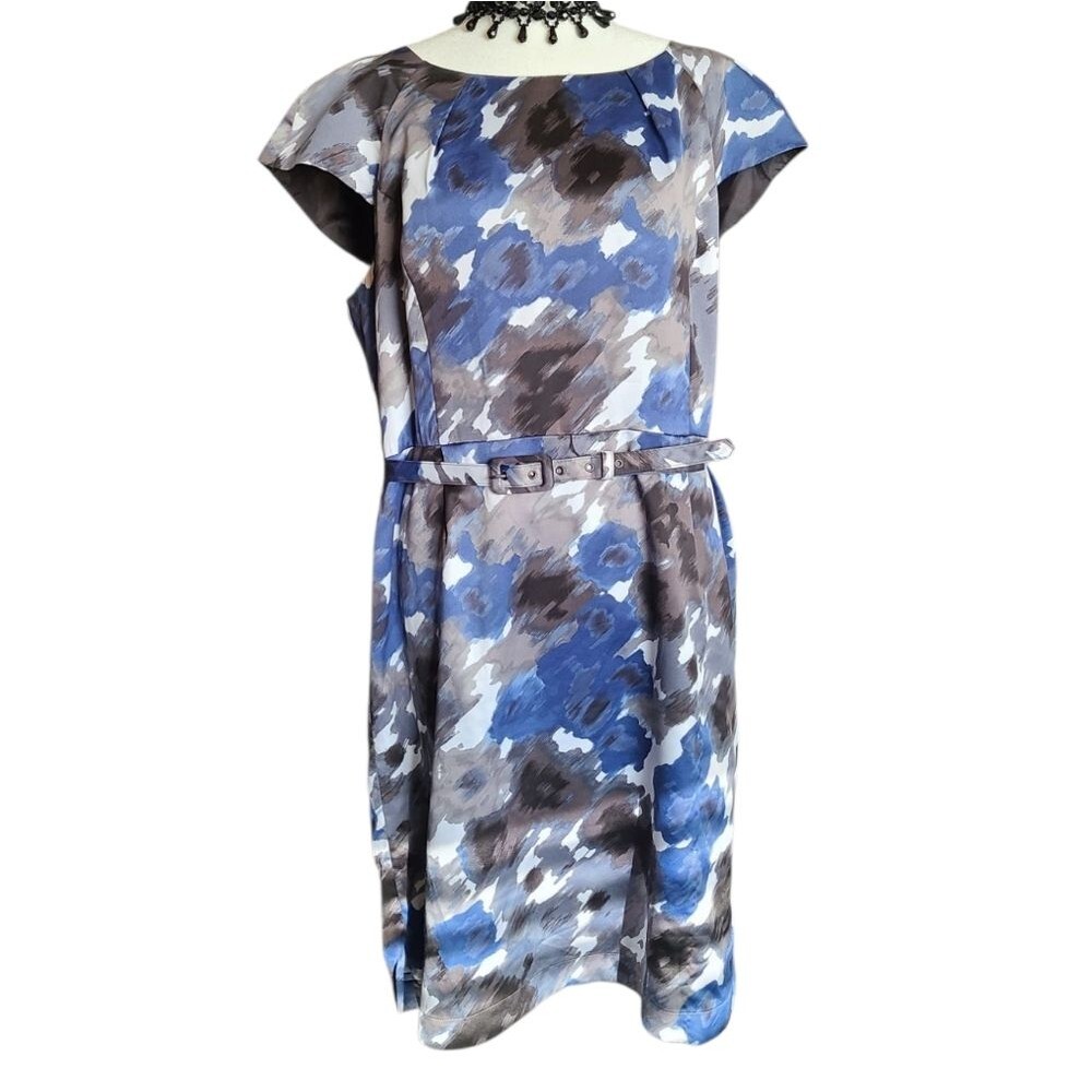 Nine West Blue & Grey Abstract Floral Print Belted Sheath Lined Dress - Size 14